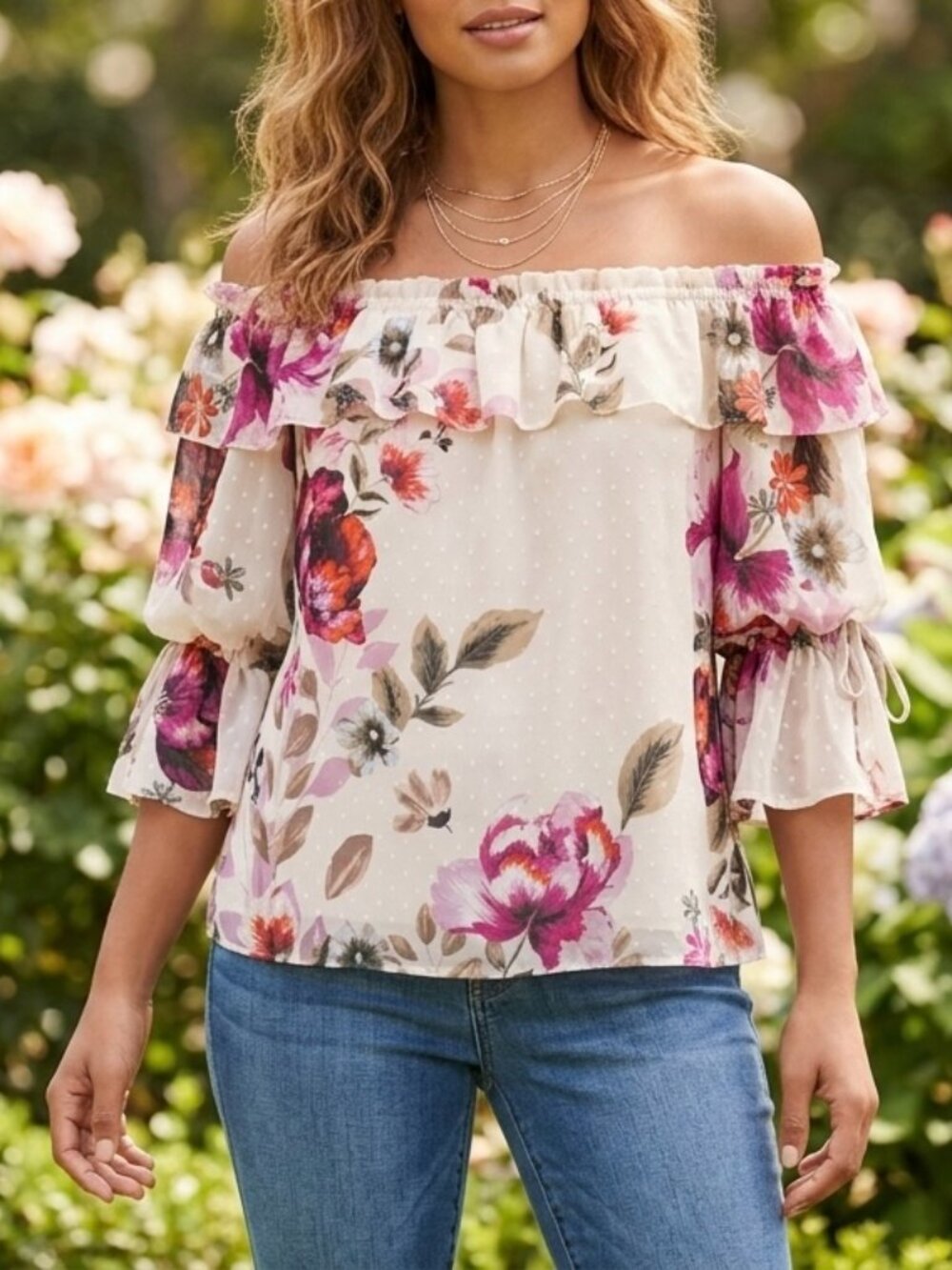 White House Black Market Floral Off-The-Shoulder Blouse Small Boho Cottagecore